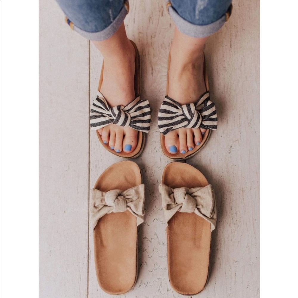 White Black Striped Slip On Linen Fabric Bow Sandals - Picture 7 of 13